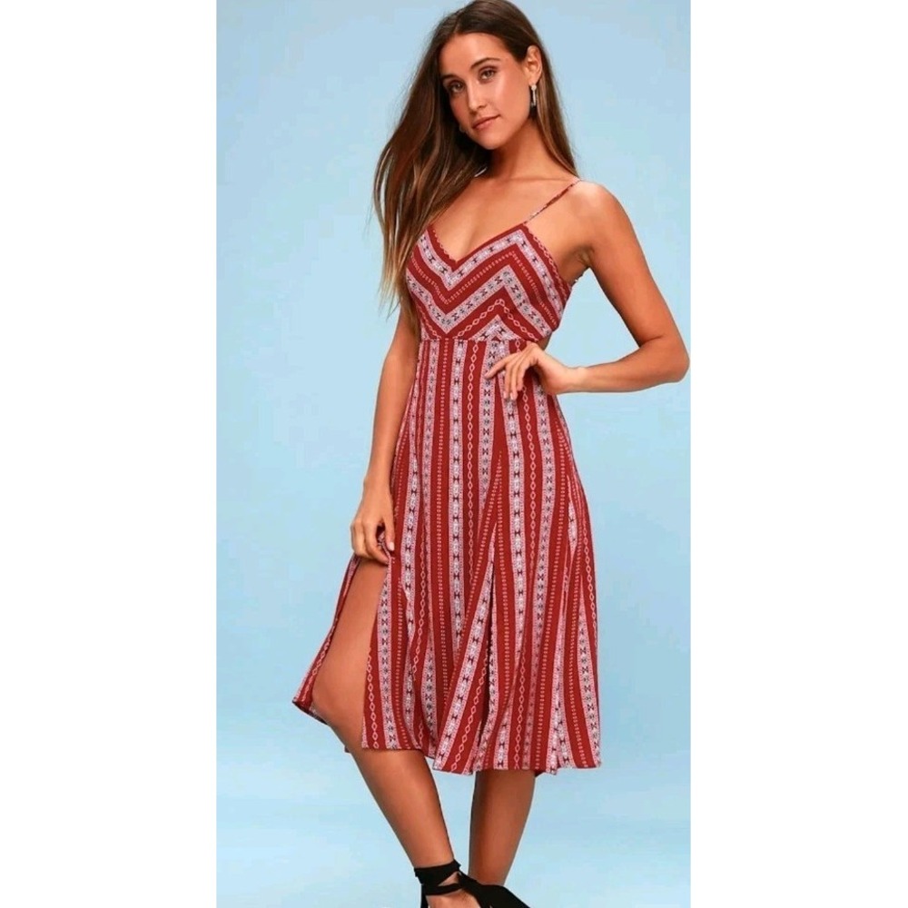 Lulus Women's Rust Red Calabash Print Stripe Midi Halter Dress Tie Sz S Vacation